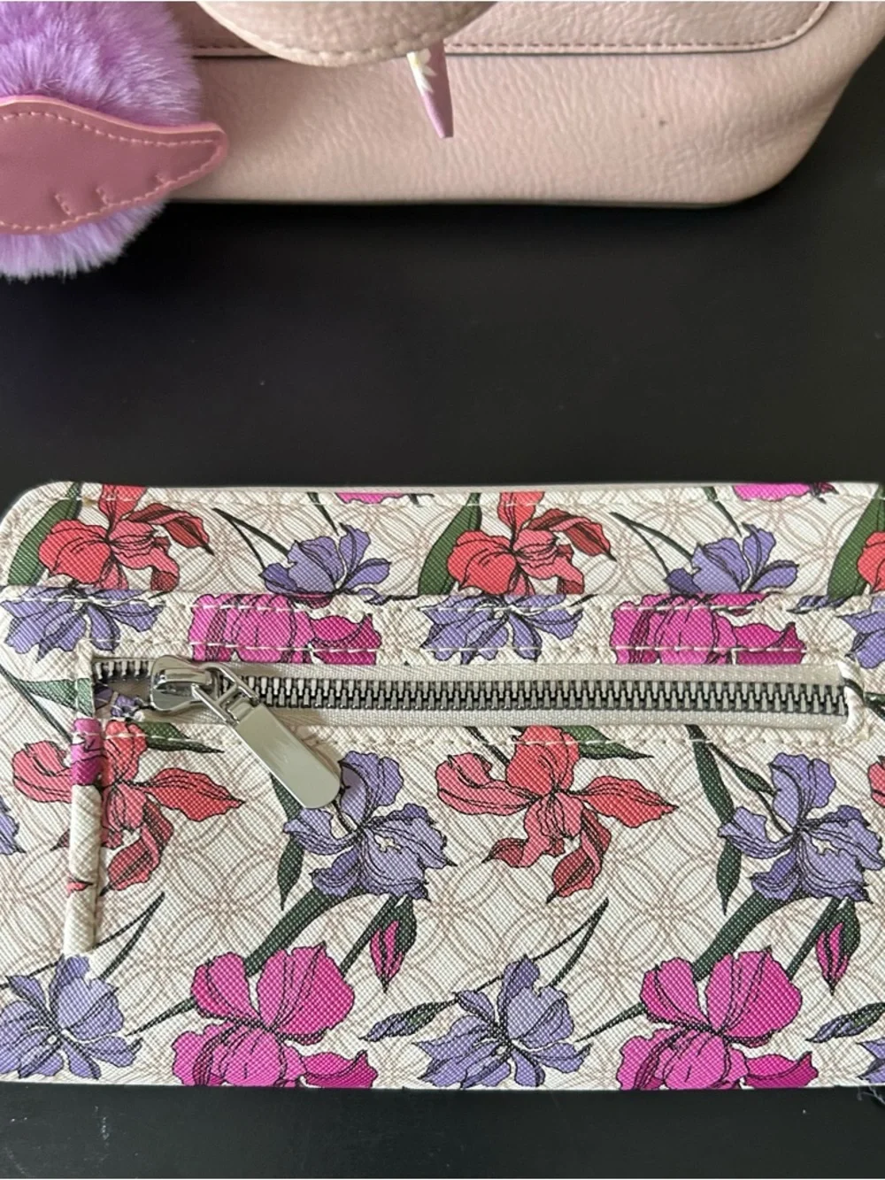 Steve Madden Pink Tote with Floral Scarf and Lilac Pom Keychain and NWT wallet - Picture 5 of 5